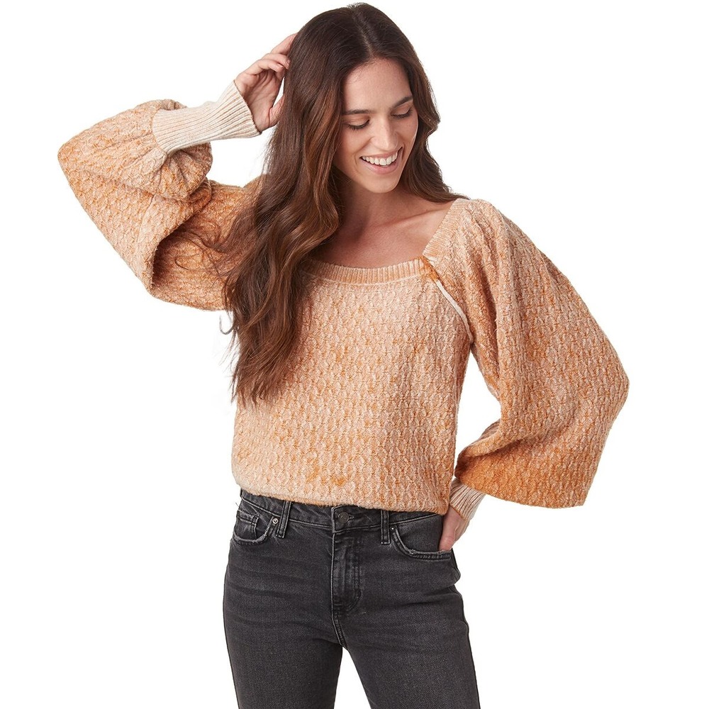 Free People Olivia Pullover Sweater Women Sz M Tan Square Neck Boho Wide Sleeve